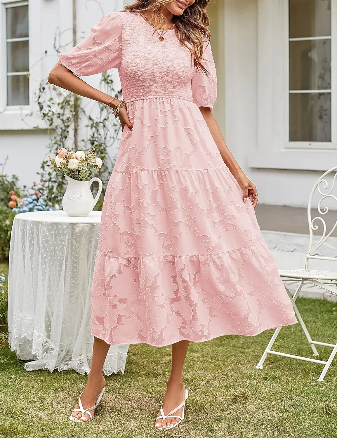 MEROKEETY Women's 2025 Summer Puff Sleeve Smocked Floral Dress Crewneck Lace Flowy Tiered Midi Dresses