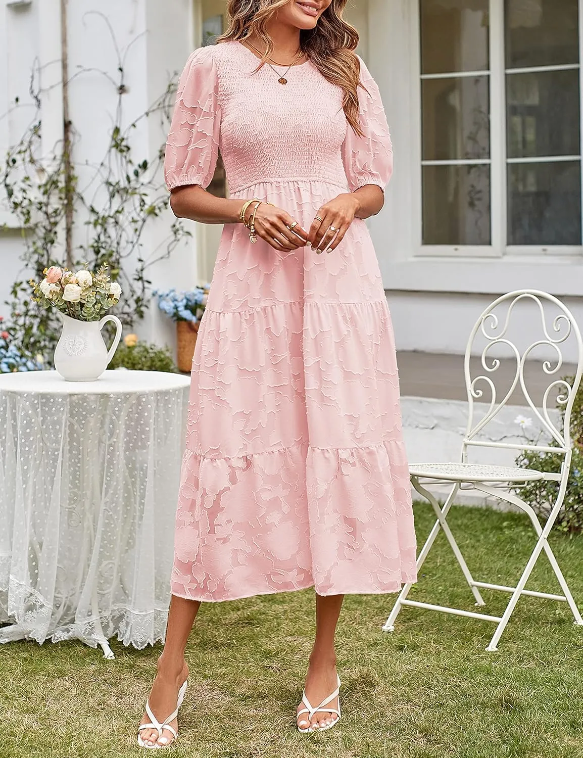 MEROKEETY Women's 2025 Summer Puff Sleeve Smocked Floral Dress Crewneck Lace Flowy Tiered Midi Dresses