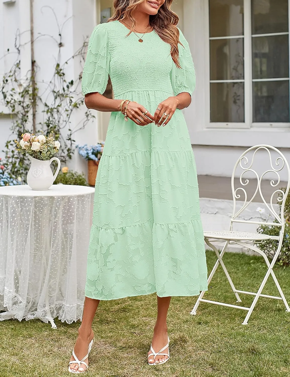 MEROKEETY Women's 2025 Summer Puff Sleeve Smocked Floral Dress Crewneck Lace Flowy Tiered Midi Dresses