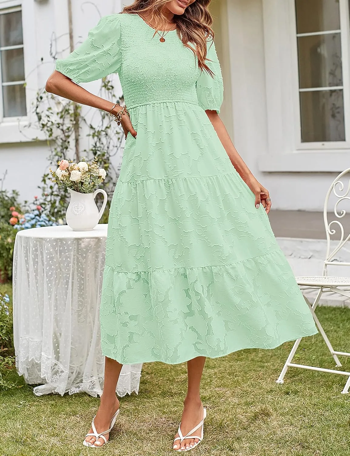 MEROKEETY Women's 2025 Summer Puff Sleeve Smocked Floral Dress Crewneck Lace Flowy Tiered Midi Dresses