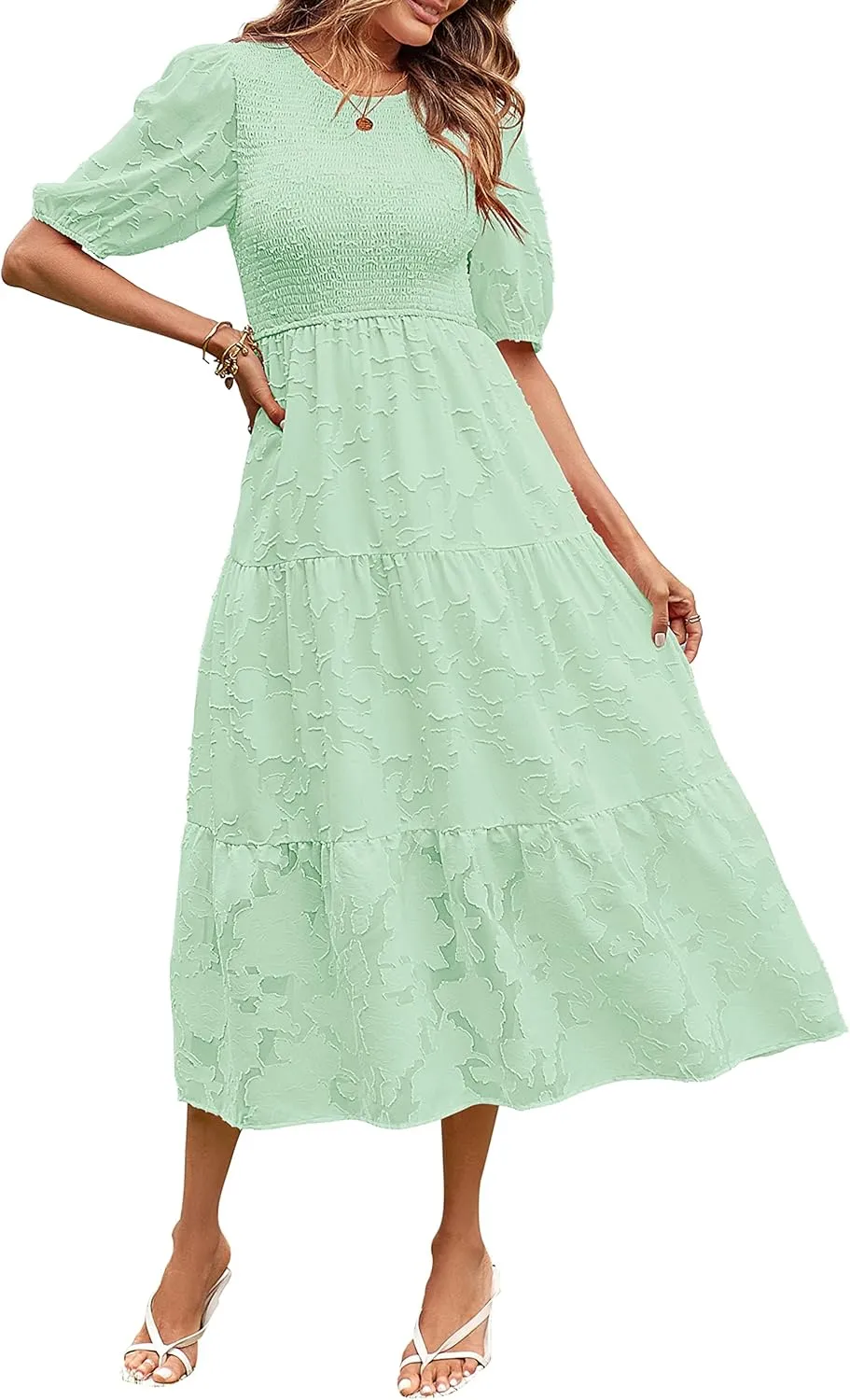 MEROKEETY Women's 2025 Summer Puff Sleeve Smocked Floral Dress Crewneck Lace Flowy Tiered Midi Dresses