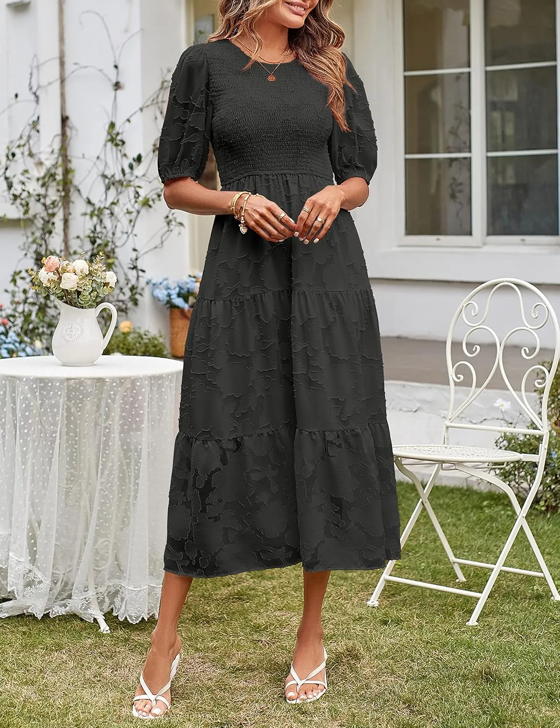 MEROKEETY Women's 2025 Summer Puff Sleeve Smocked Floral Dress Crewneck Lace Flowy Tiered Midi Dresses