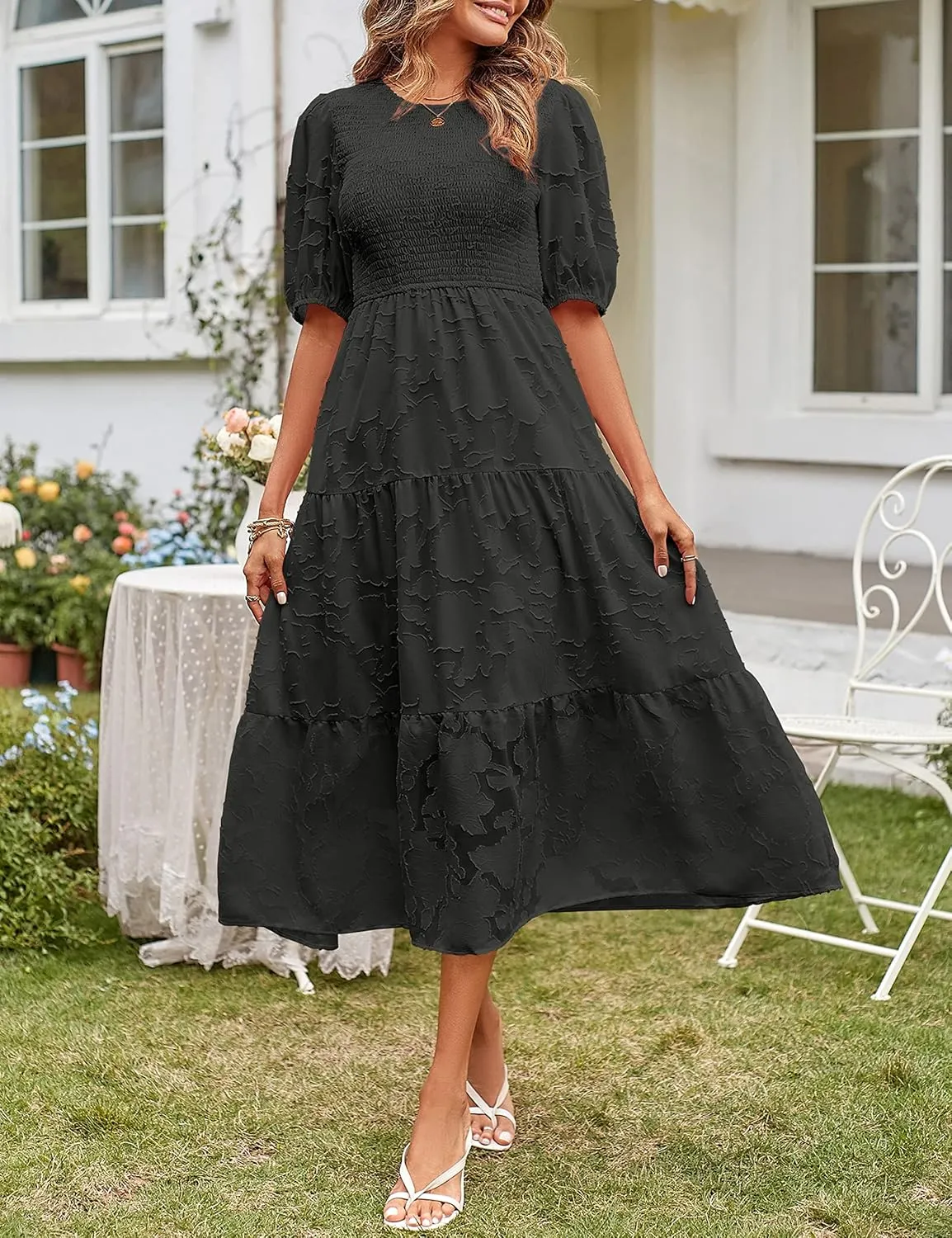 MEROKEETY Women's 2025 Summer Puff Sleeve Smocked Floral Dress Crewneck Lace Flowy Tiered Midi Dresses
