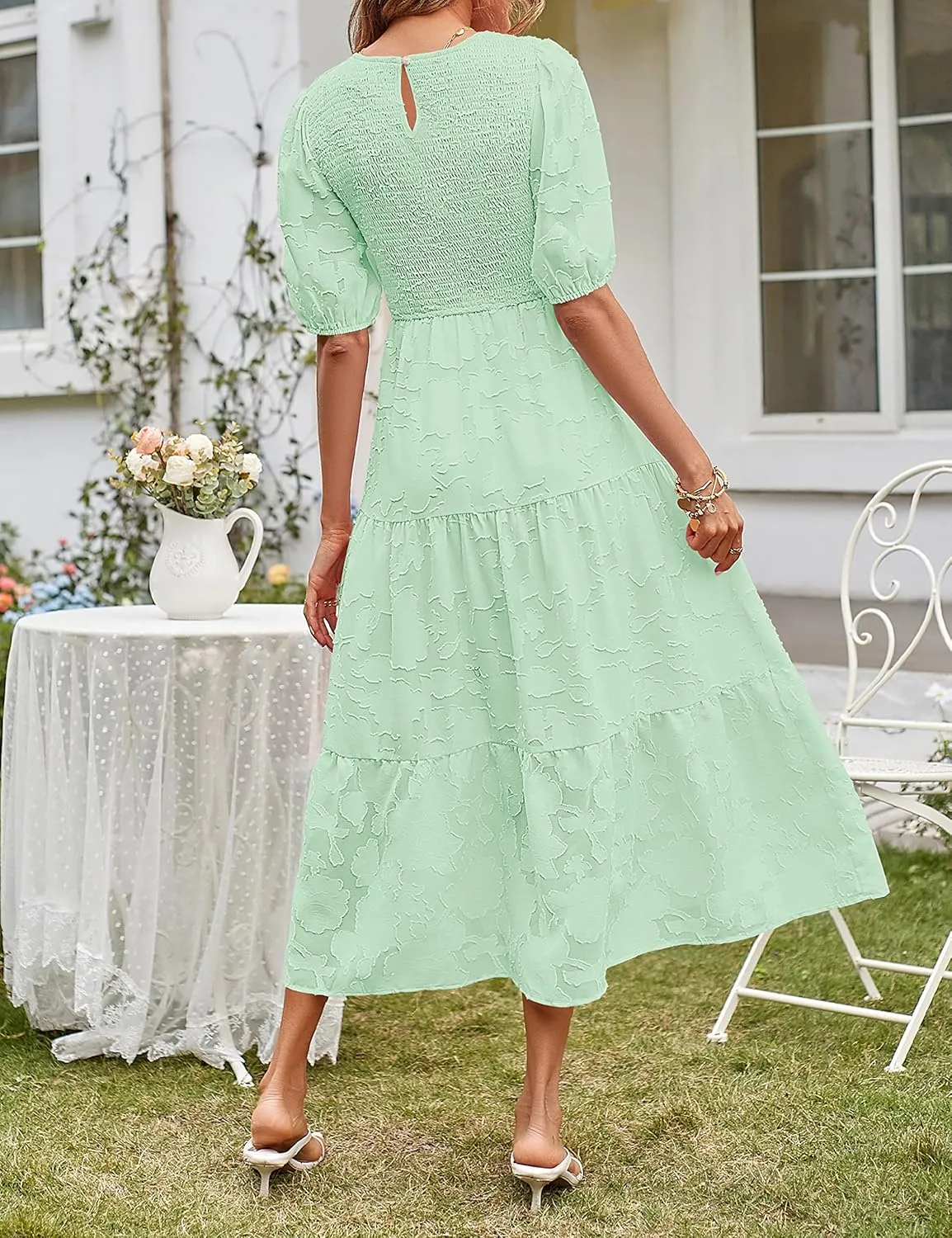 MEROKEETY Women's 2025 Summer Puff Sleeve Smocked Floral Dress Crewneck Lace Flowy Tiered Midi Dresses