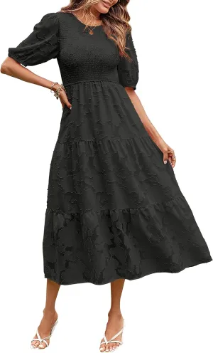 MEROKEETY Women's 2025 Summer Puff Sleeve Smocked Floral Dress Crewneck Lace Flowy Tiered Midi Dresses