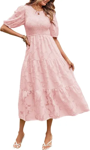 MEROKEETY Women's 2025 Summer Puff Sleeve Smocked Floral Dress Crewneck Lace Flowy Tiered Midi Dresses