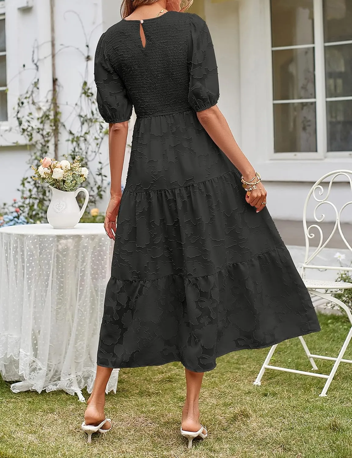 MEROKEETY Women's 2025 Summer Puff Sleeve Smocked Floral Dress Crewneck Lace Flowy Tiered Midi Dresses