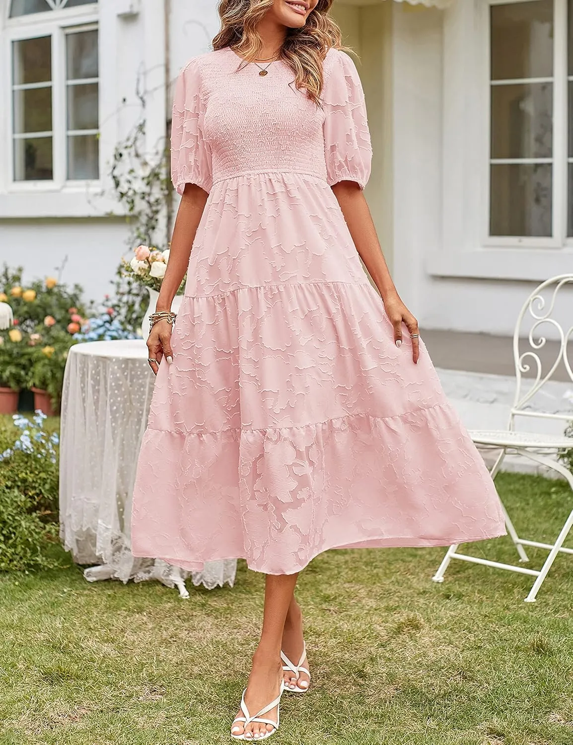 MEROKEETY Women's 2025 Summer Puff Sleeve Smocked Floral Dress Crewneck Lace Flowy Tiered Midi Dresses