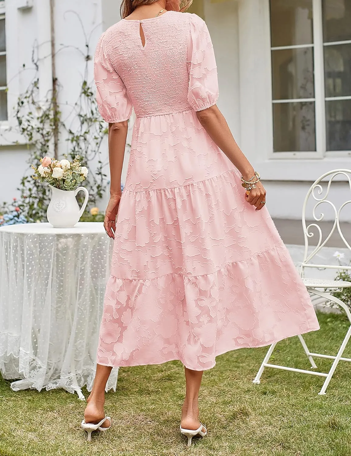 MEROKEETY Women's 2025 Summer Puff Sleeve Smocked Floral Dress Crewneck Lace Flowy Tiered Midi Dresses