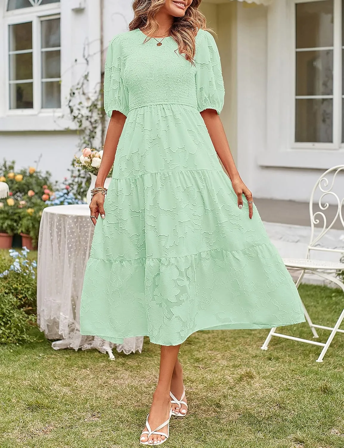MEROKEETY Women's 2025 Summer Puff Sleeve Smocked Floral Dress Crewneck Lace Flowy Tiered Midi Dresses