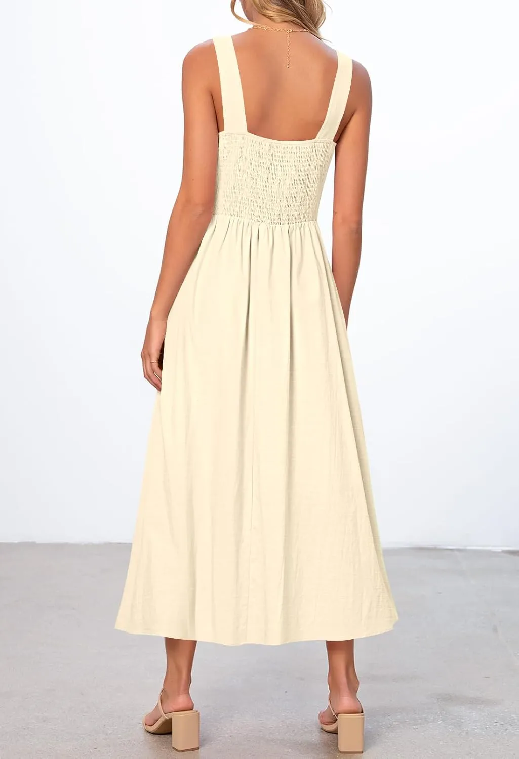MEROKEETY Women's 2025 Summer Sleeveless Midi Dress Square Neck Smocked Flowy A Line Beach Dresses