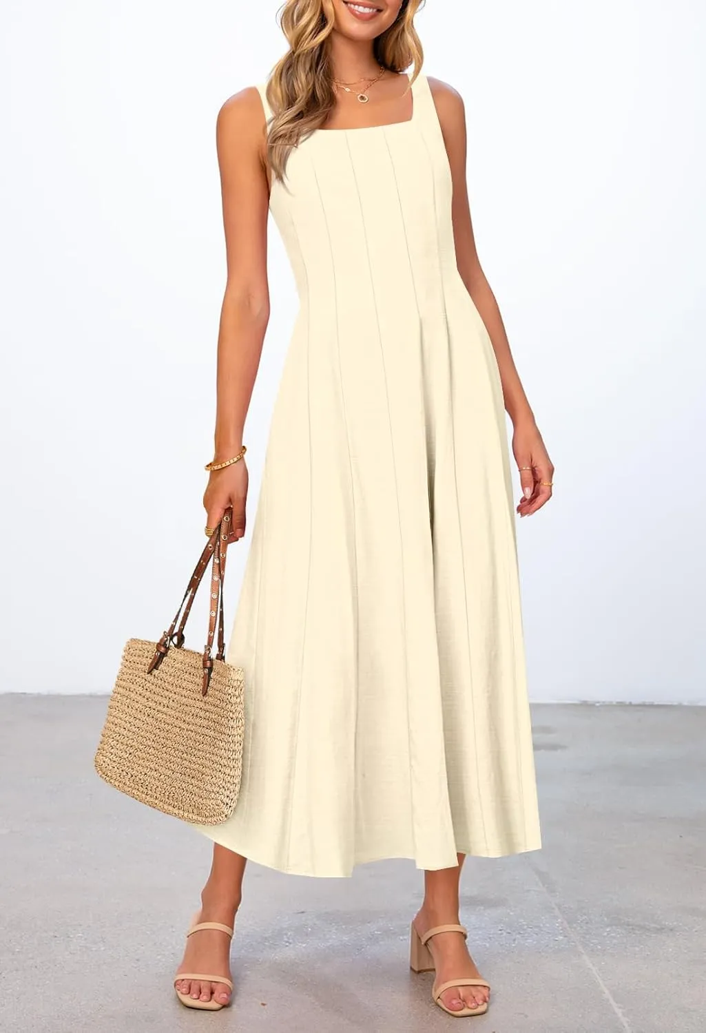 MEROKEETY Women's 2025 Summer Sleeveless Midi Dress Square Neck Smocked Flowy A Line Beach Dresses