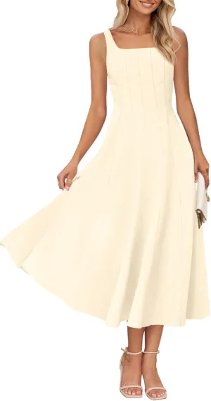 MEROKEETY Women's 2025 Summer Sleeveless Midi Dress Square Neck Smocked Flowy A Line Beach Dresses
