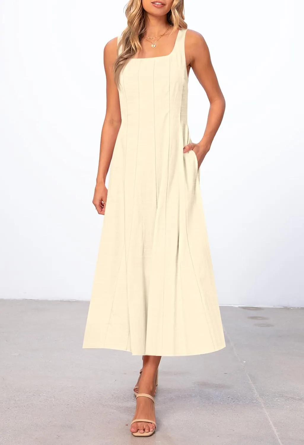 MEROKEETY Women's 2025 Summer Sleeveless Midi Dress Square Neck Smocked Flowy A Line Beach Dresses