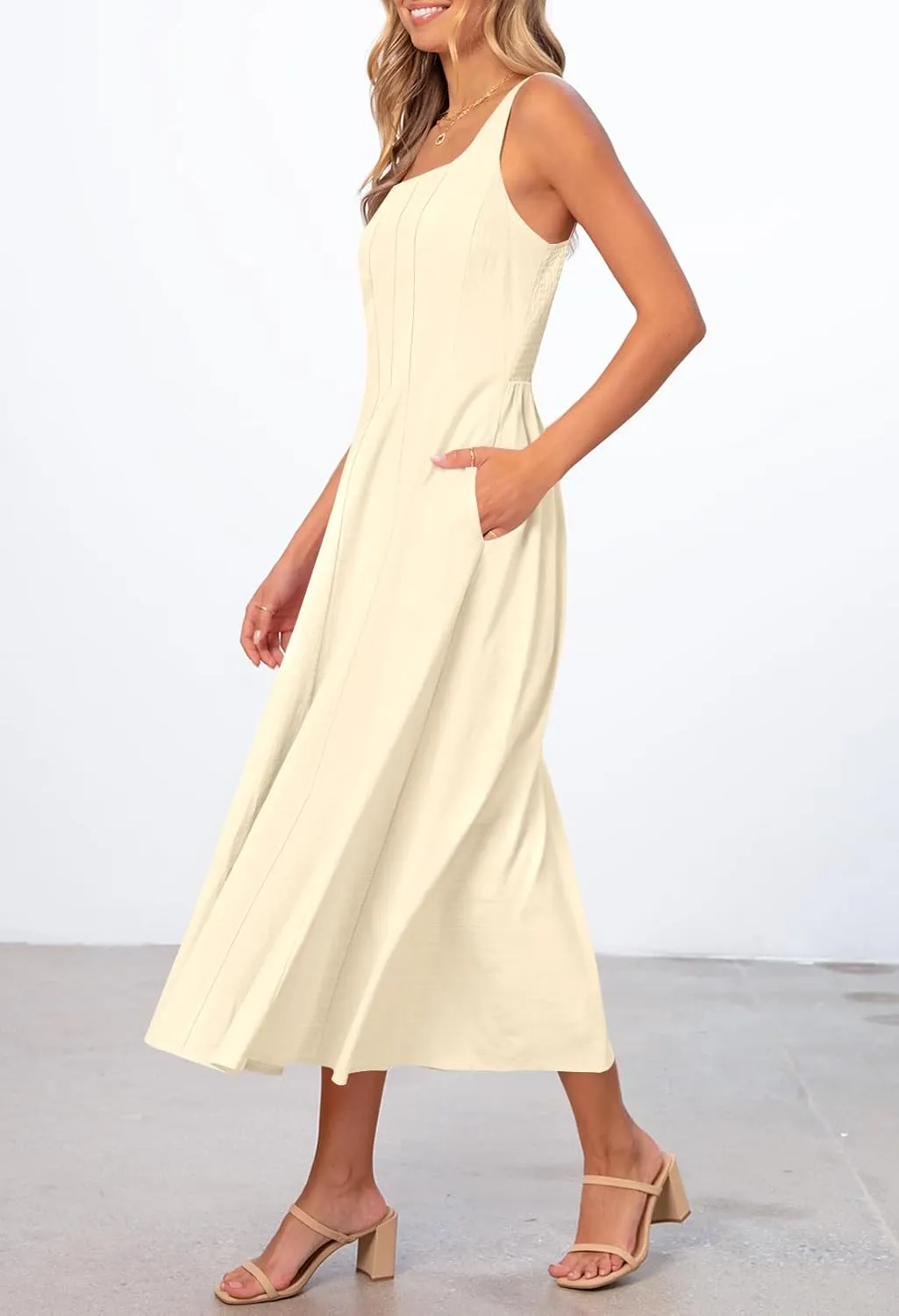 MEROKEETY Women's 2025 Summer Sleeveless Midi Dress Square Neck Smocked Flowy A Line Beach Dresses