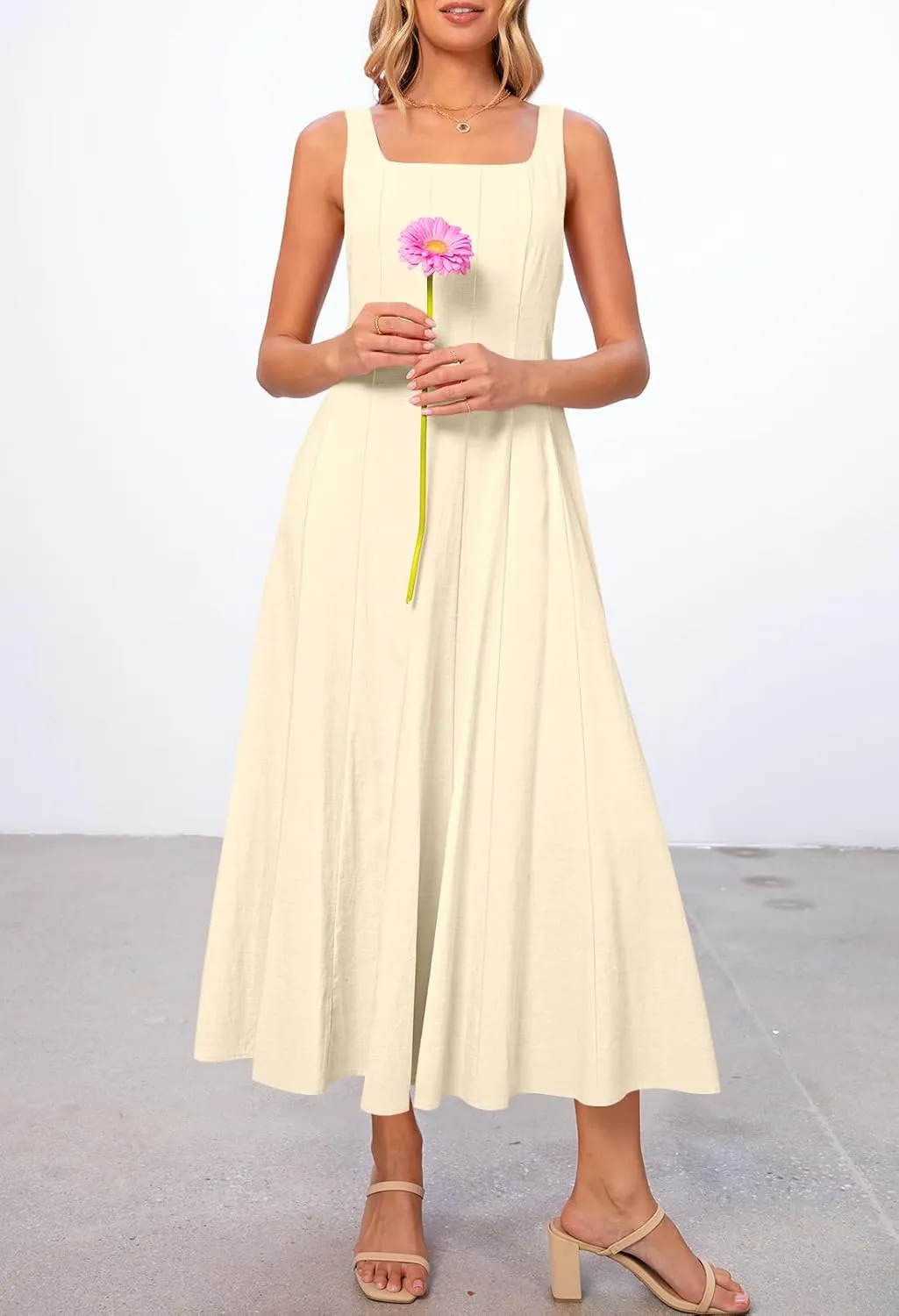 MEROKEETY Women's 2025 Summer Sleeveless Midi Dress Square Neck Smocked Flowy A Line Beach Dresses