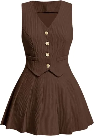 Milumia Women's 2 Piece Button Down Corduroy Vest Blazer Skirt Sets Fall Fashion Outfit