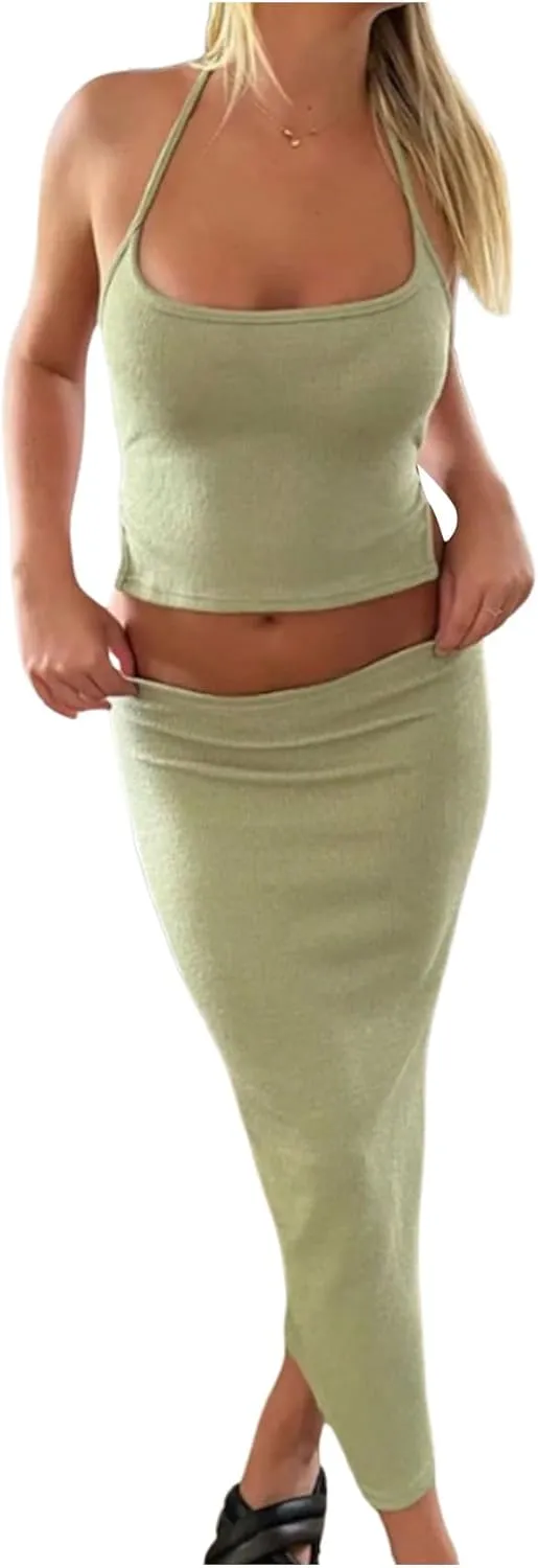 Milumia Women's 2 Piece Outfits Tie Backless Crop Halter Top Bodycon Long Skirt Sets