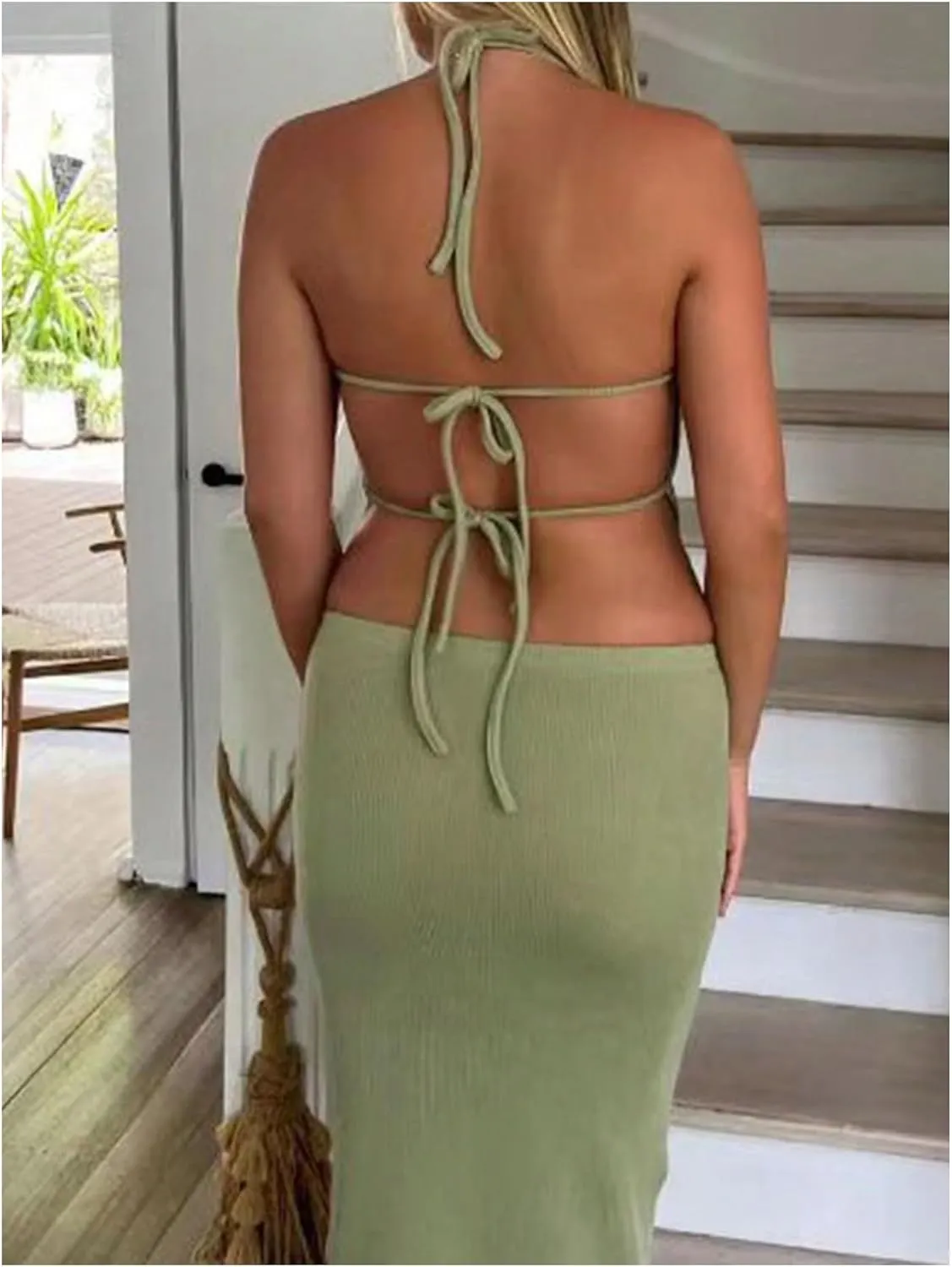 Milumia Women's 2 Piece Outfits Tie Backless Crop Halter Top Bodycon Long Skirt Sets