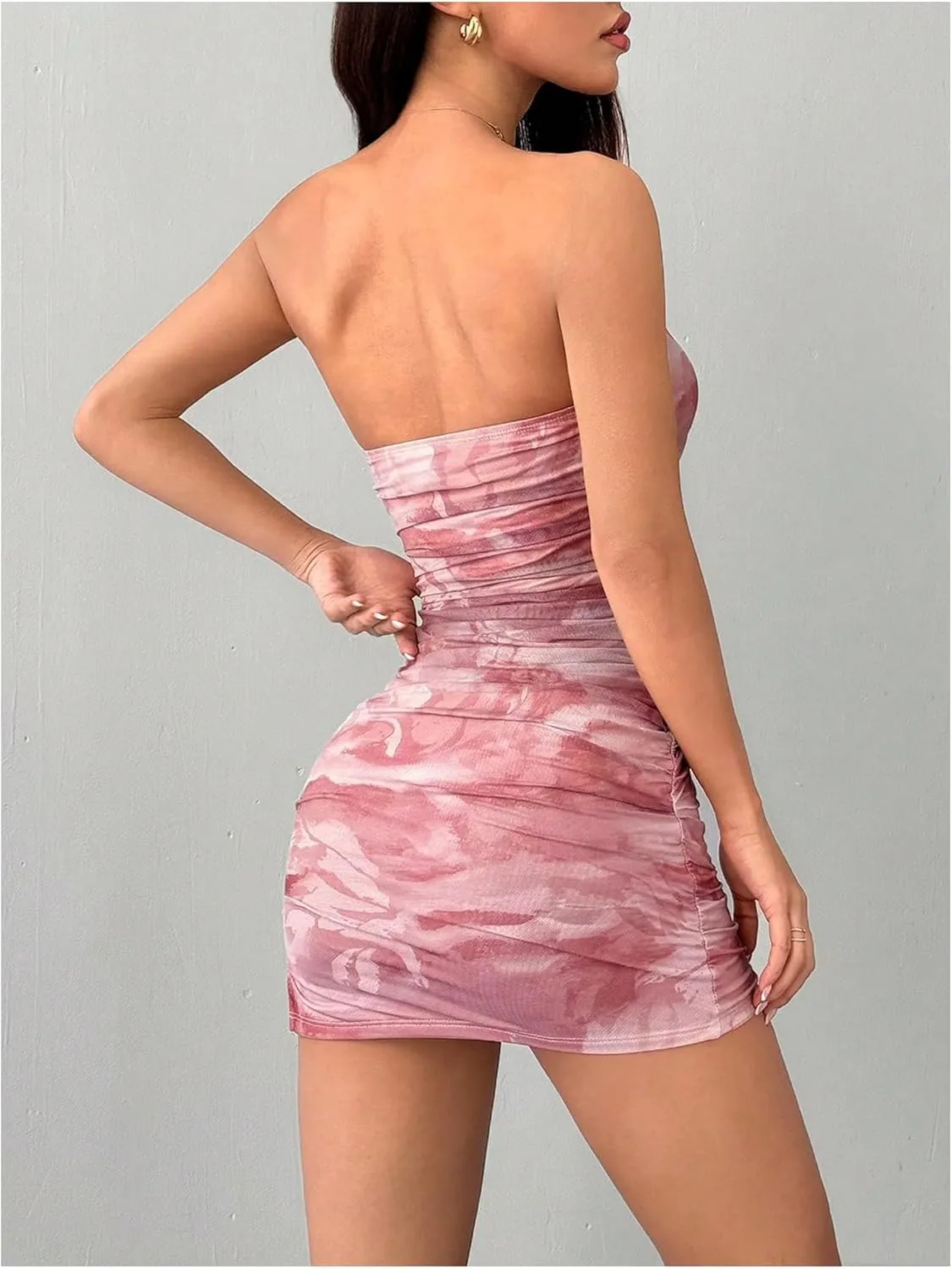Milumia Women's Floral Print Strapless Bodycon Mini Dress Mesh Ruched Tube Top Dresses