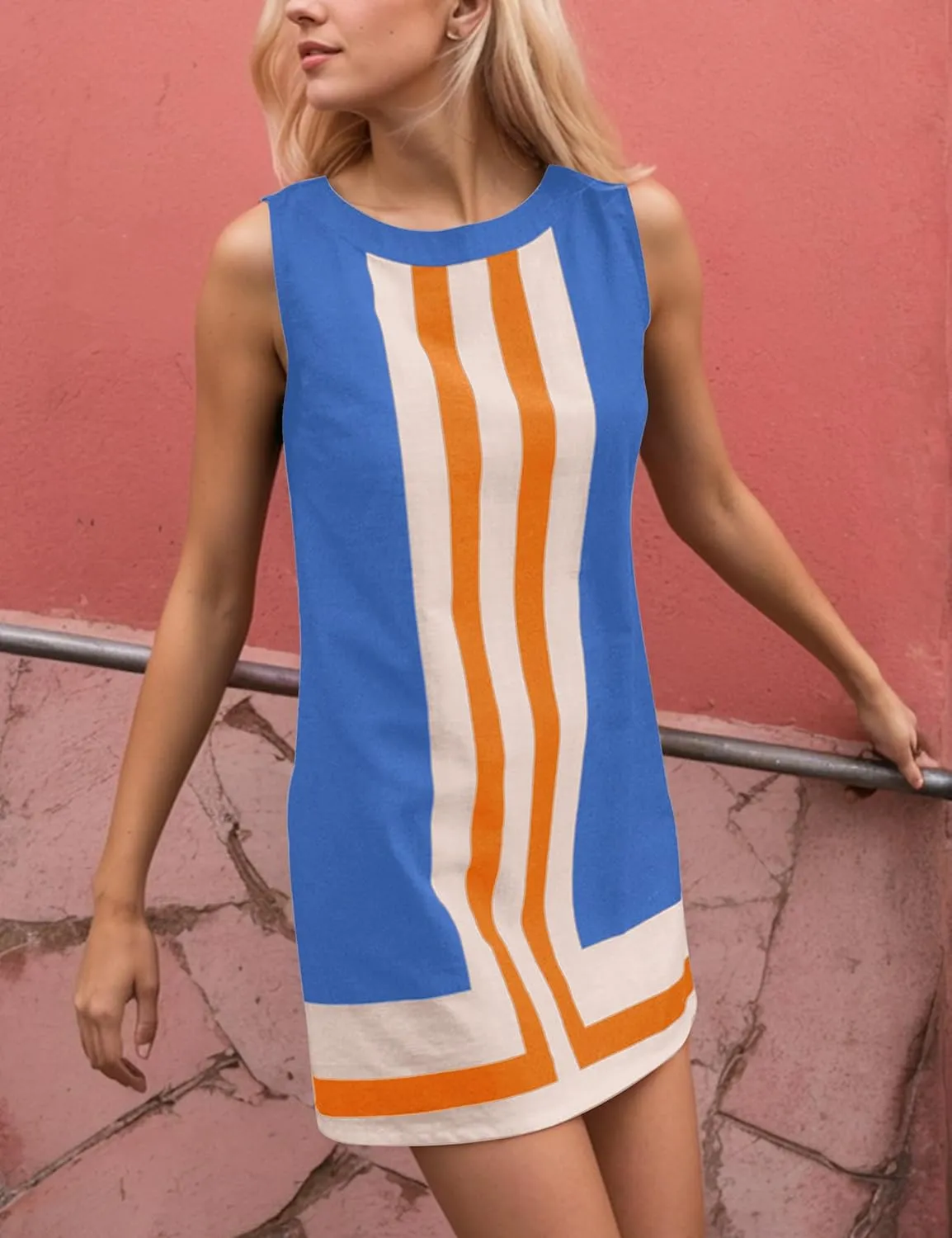 MISSACTIVER Women Boho Striped Mini Dress Sleeveless Color Block T Shirt Sundress Casual Cover Up Short Tank Dress Beach