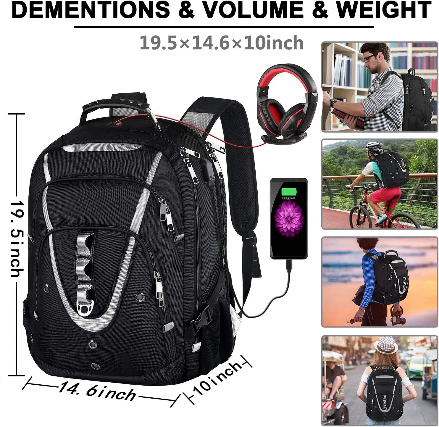 Mogplof 17.3 Laptop Backpack for Men Women, 19 * 14.6 * 10.2 Inch Extra Large Travel laptop Backpack with USB Charging Port, TSA Friendly Flight Approved with RFID Anti Theft Pocket