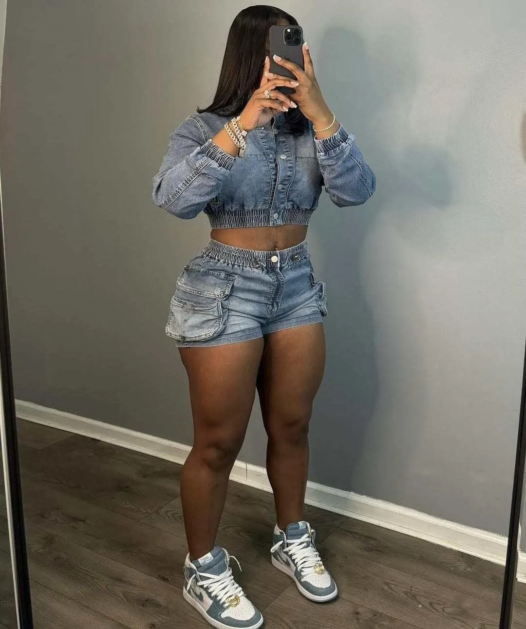 Molilove Women's Denim 2 Piece Outfits Summer Casual Crop Jacket High Waist Shorts Set Trendy 2025 Matching Jean Lounge Set