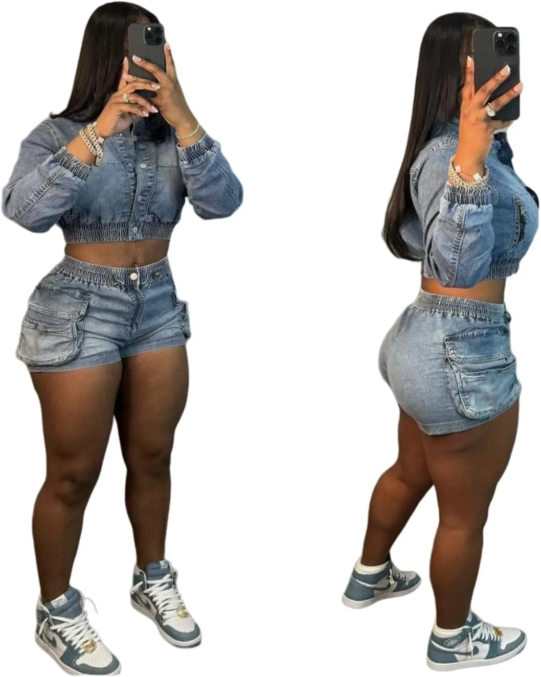 Molilove Women's Denim 2 Piece Outfits Summer Casual Crop Jacket High Waist Shorts Set Trendy 2025 Matching Jean Lounge Set