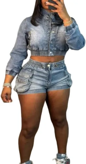 Molilove Women's Denim 2 Piece Outfits Summer Casual Crop Jacket High Waist Shorts Set Trendy 2025 Matching Jean Lounge Set