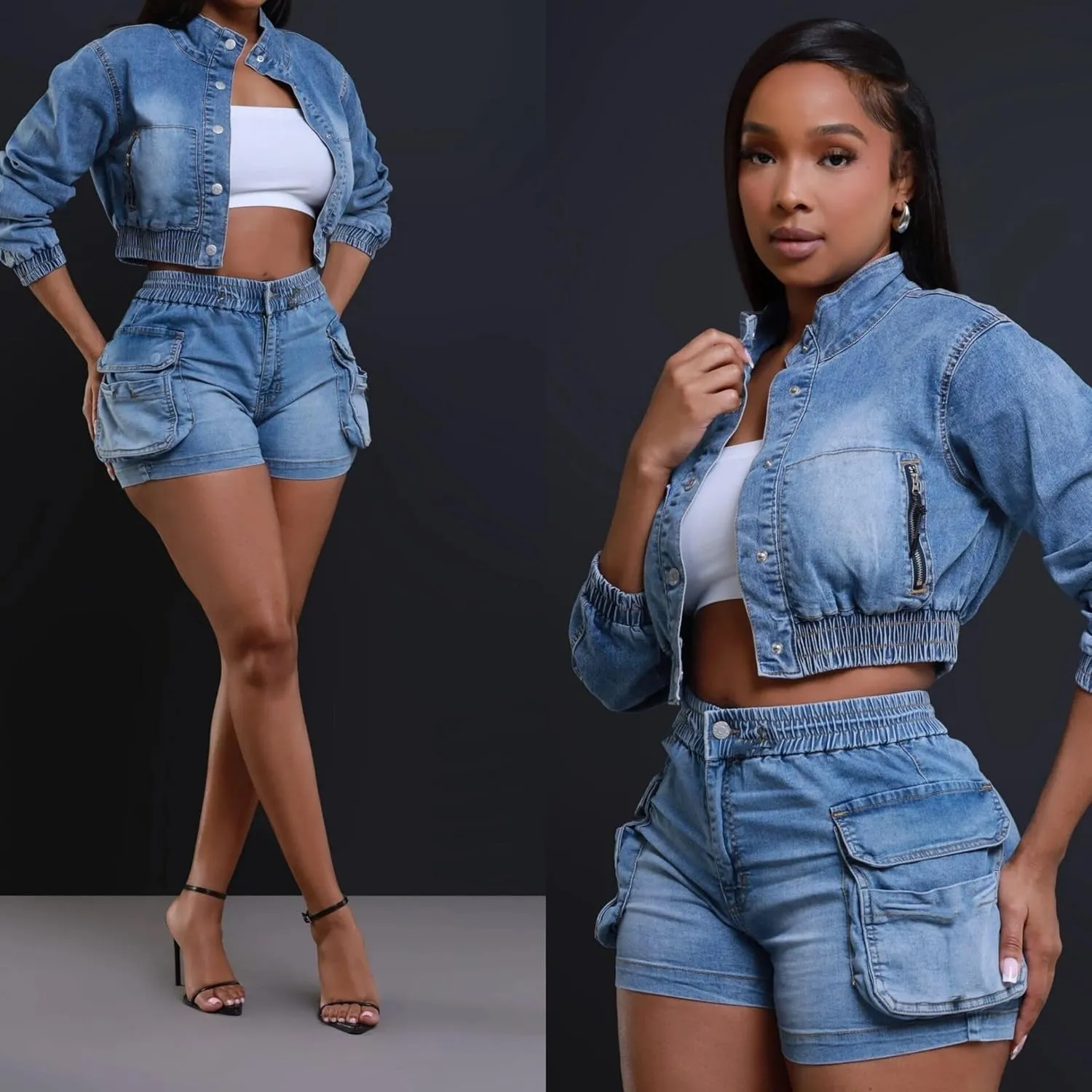Molilove Women's Denim 2 Piece Outfits Summer Casual Crop Jacket High Waist Shorts Set Trendy 2025 Matching Jean Lounge Set
