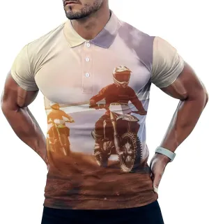 Motorcycle Motorsport Mountain Sunset Mens Short Sleeve Polo Shirts Straight Sports Golf Tennis T-Shirt Quick Dry Long Top
