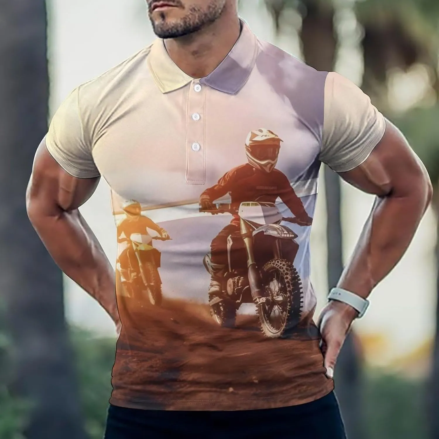 Motorcycle Motorsport Mountain Sunset Mens Short Sleeve Polo Shirts Straight Sports Golf Tennis T-Shirt Quick Dry Long Top