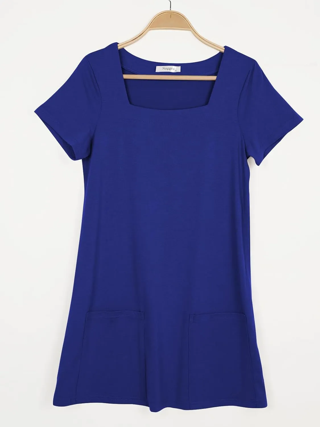 Naggoo Women Summer Sundresses Short Sleeve Square Neck Shift Tshirt Mini Dress with Pockets