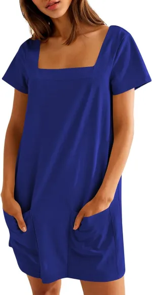 Naggoo Women Summer Sundresses Short Sleeve Square Neck Shift Tshirt Mini Dress with Pockets