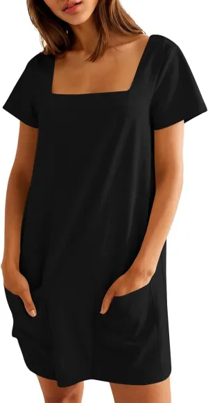 Naggoo Women Summer Sundresses Short Sleeve Square Neck Shift Tshirt Mini Dress with Pockets