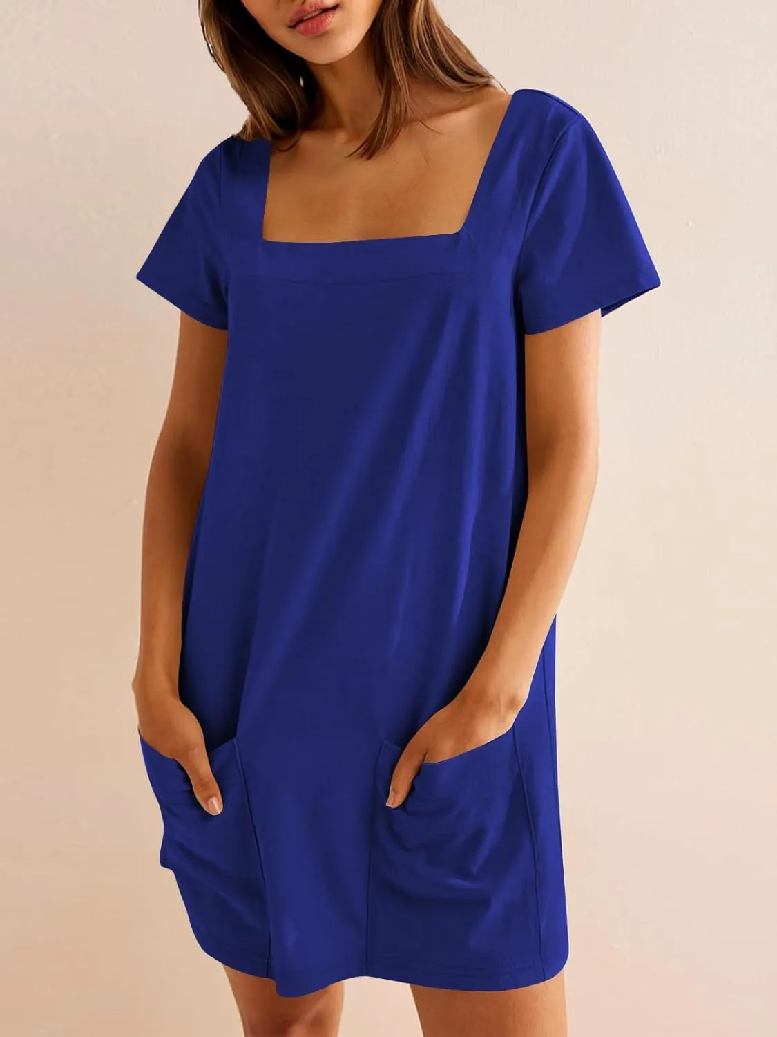 Naggoo Women Summer Sundresses Short Sleeve Square Neck Shift Tshirt Mini Dress with Pockets