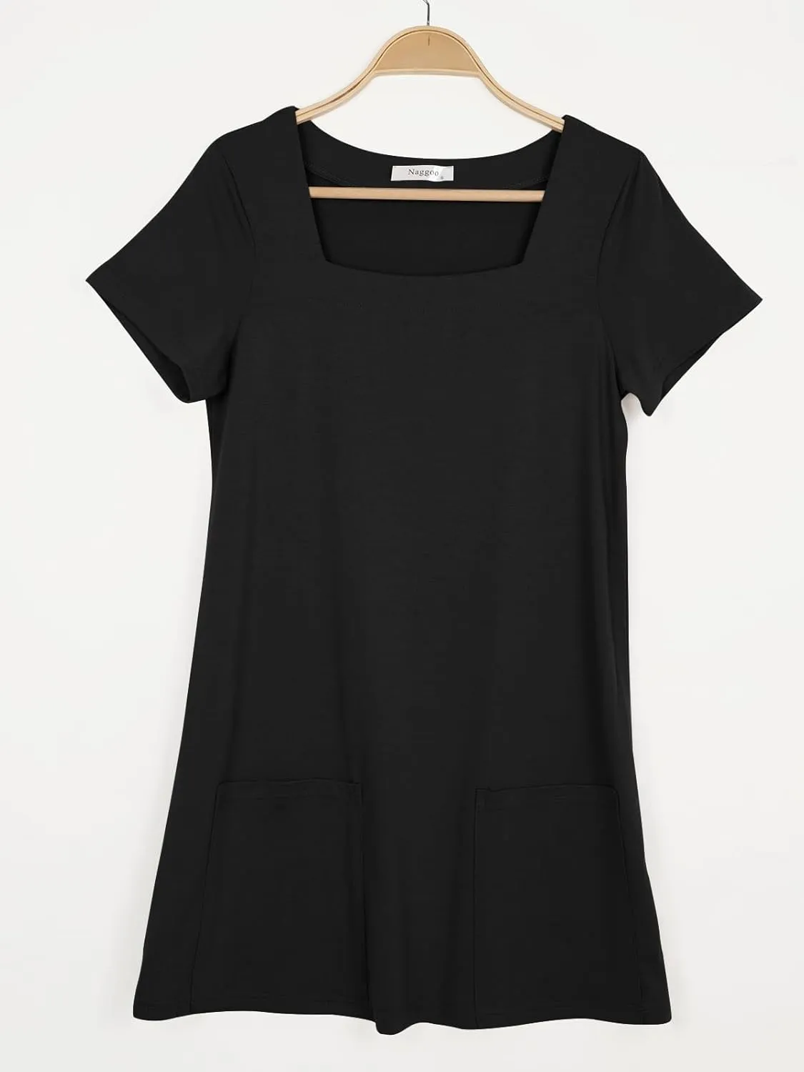 Naggoo Women Summer Sundresses Short Sleeve Square Neck Shift Tshirt Mini Dress with Pockets