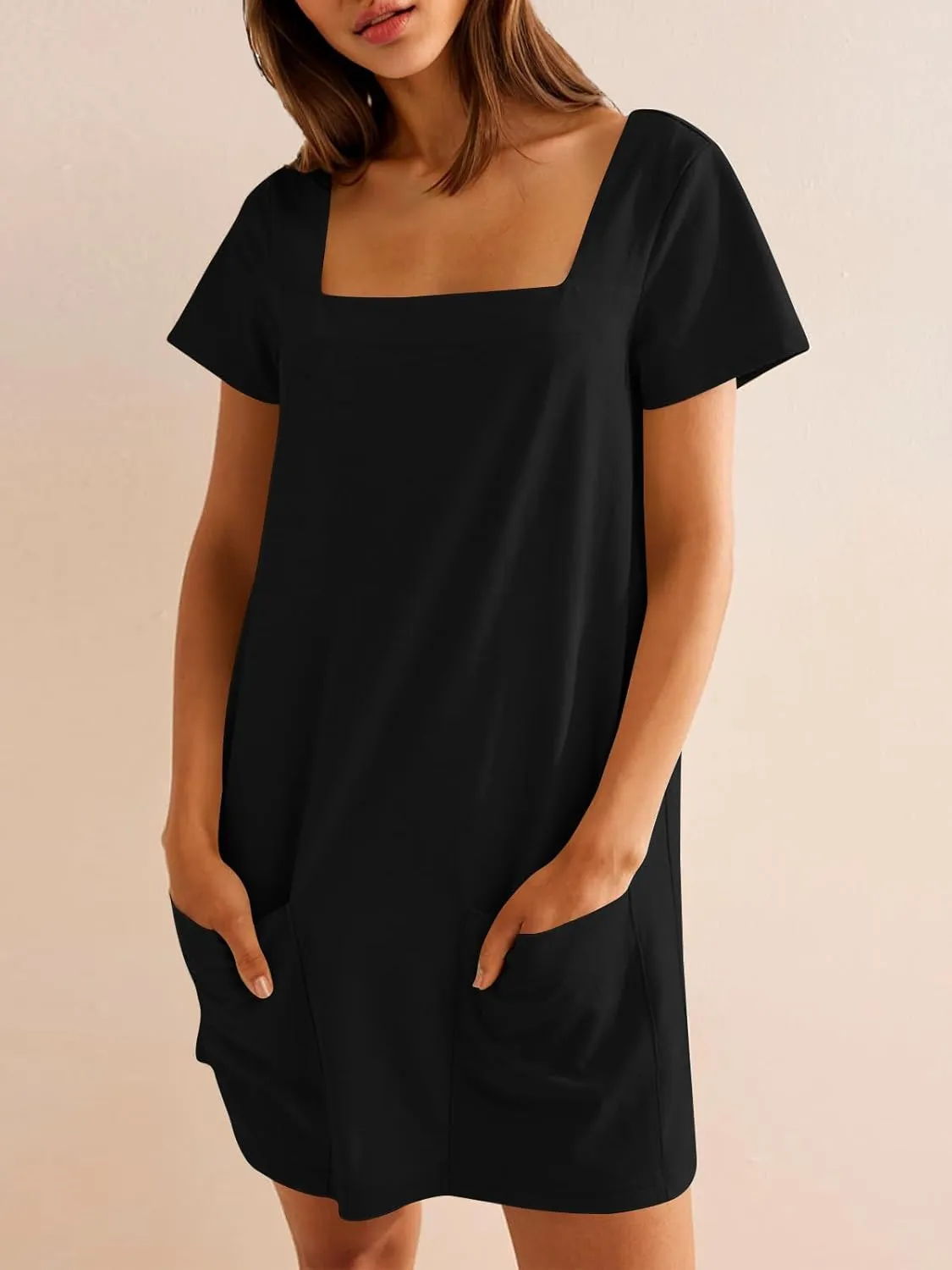 Naggoo Women Summer Sundresses Short Sleeve Square Neck Shift Tshirt Mini Dress with Pockets