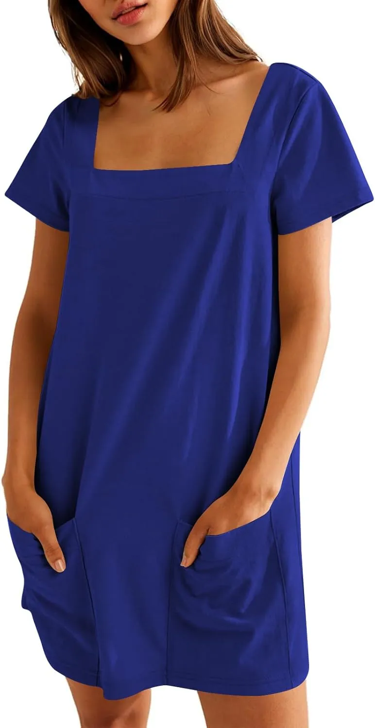 Naggoo Women Summer Sundresses Short Sleeve Square Neck Shift Tshirt Mini Dress with Pockets