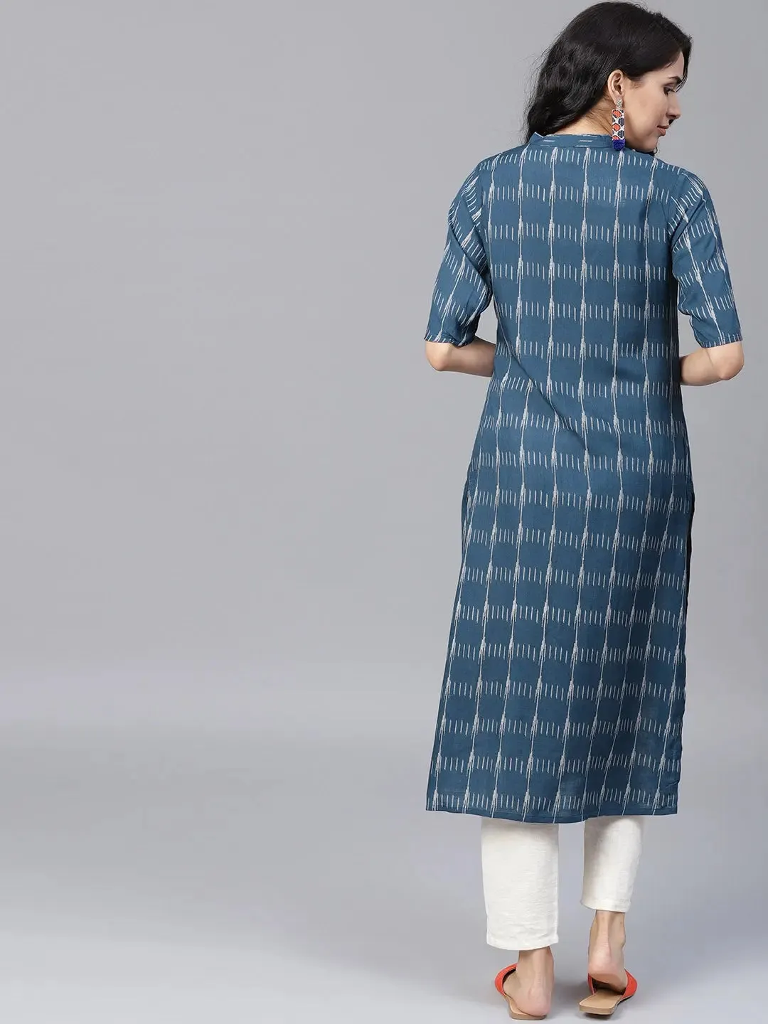 Navy Blue & Off-White Printed Kurta