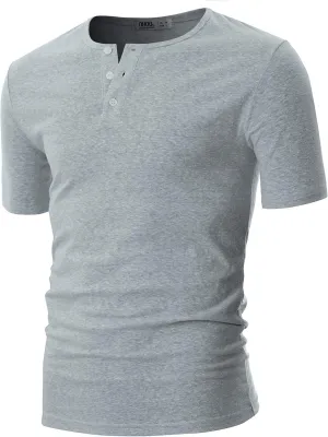 Ohoo Mens Slim Fit Casual Short Sleeve Placket Melange Color Fabric Cotton Henley T-Shirts