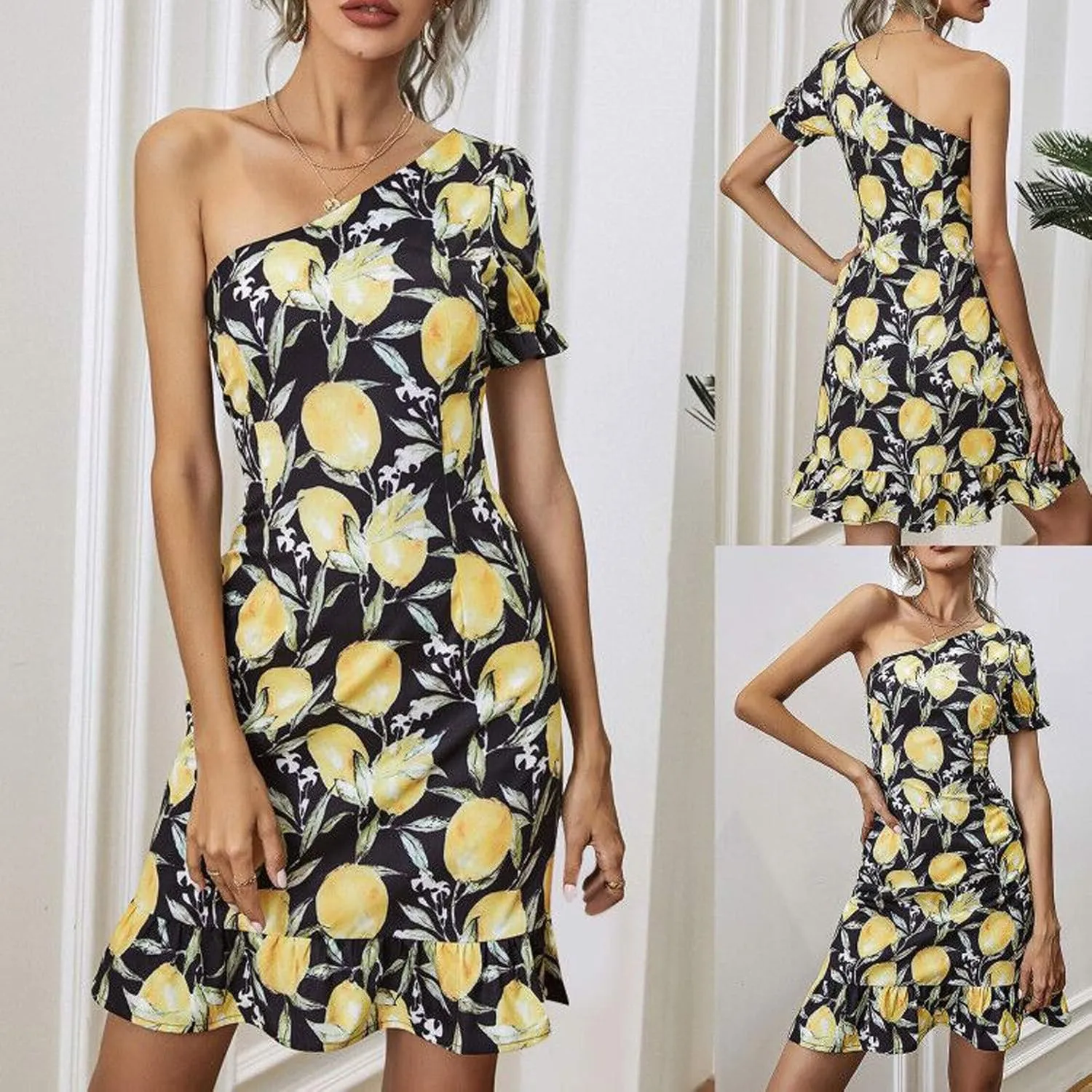 One Shoulder Party Dress for Women Casual Floral Mini Dresses Sexy Slim Cocktail Dresses Short Sleeve Ruffle Dress