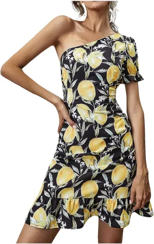 One Shoulder Party Dress for Women Casual Floral Mini Dresses Sexy Slim Cocktail Dresses Short Sleeve Ruffle Dress