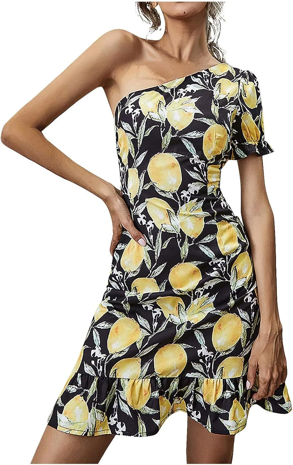 One Shoulder Party Dress for Women Casual Floral Mini Dresses Sexy Slim Cocktail Dresses Short Sleeve Ruffle Dress