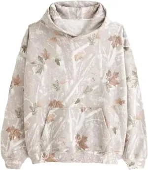 Oversize Camo Maple Leaf Branch Hoodies for Men Women Y2K Baggy Fleece Hooded Sweatshirt Pullover with Pocket