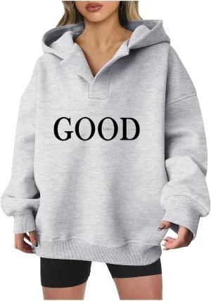 Oversized Hoodies for Women 2024 Long Sleeve V Neck Letter Printing Sweatshirts Fall Fashion Classic Athletic