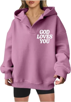 Oversized Hoodies for Women 2024 Long Sleeve V Neck Letter Printing Sweatshirts Fall Fashion Classic Athletic