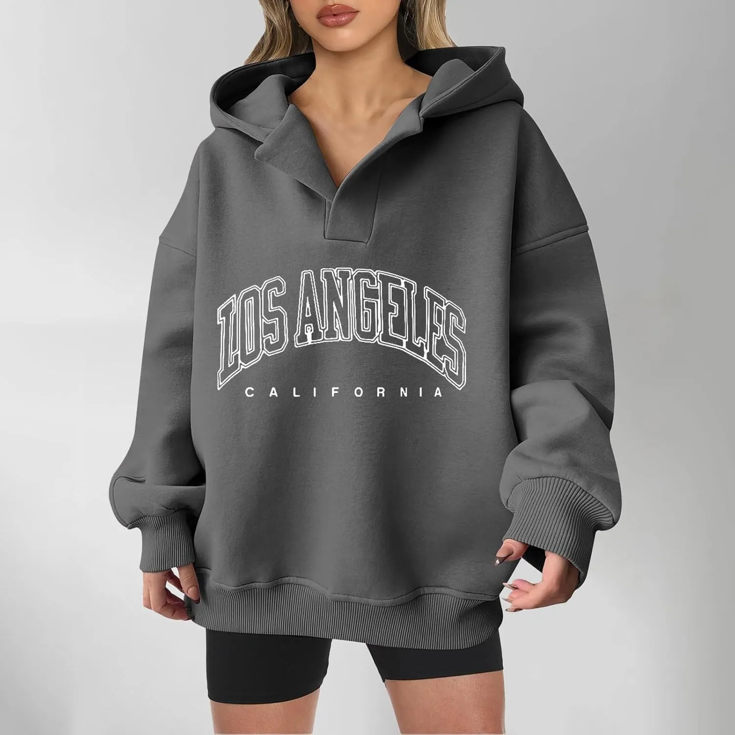 Oversized Hoodies for Women 2024 Long Sleeve V Neck Letter Printing Sweatshirts Fall Fashion Classic Pullover