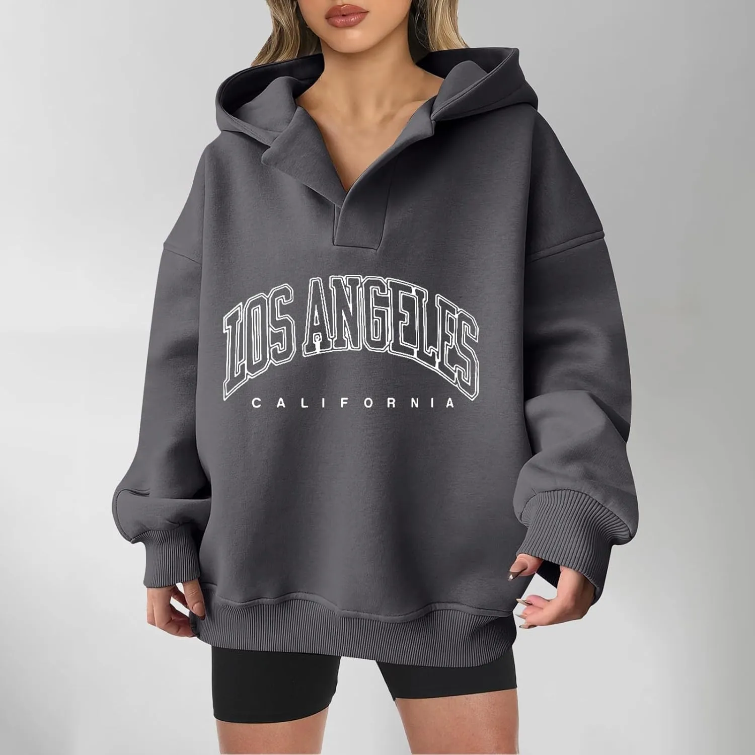 Oversized Hoodies for Women 2024 Long Sleeve V Neck Letter Printing Sweatshirts Fall Fashion Classic Pullover