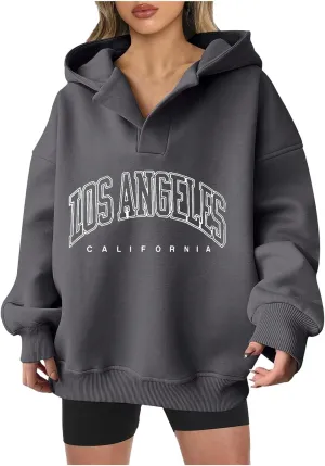 Oversized Hoodies for Women 2024 Long Sleeve V Neck Letter Printing Sweatshirts Fall Fashion Classic Pullover